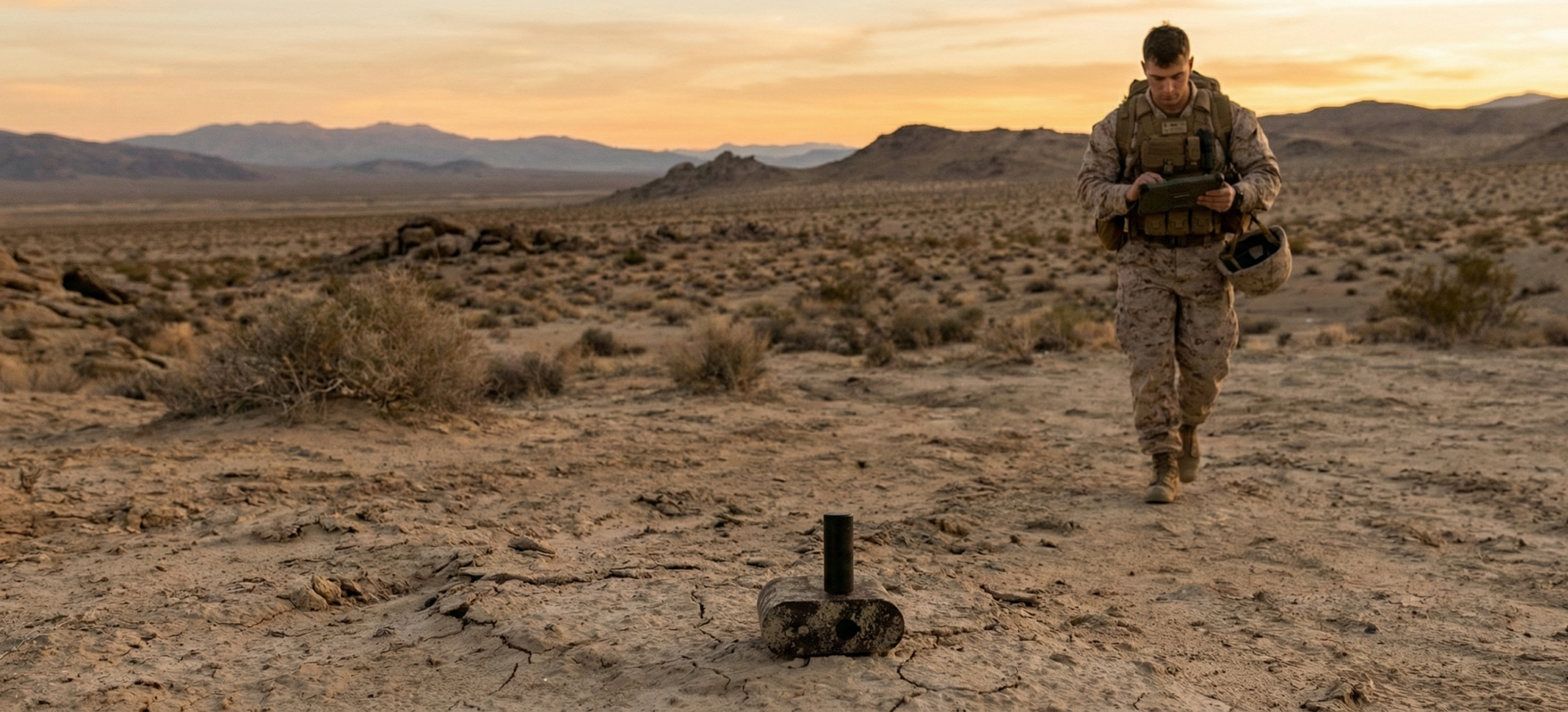 Camouflaged man in the desert stands next to McQ RANGER holding ipad